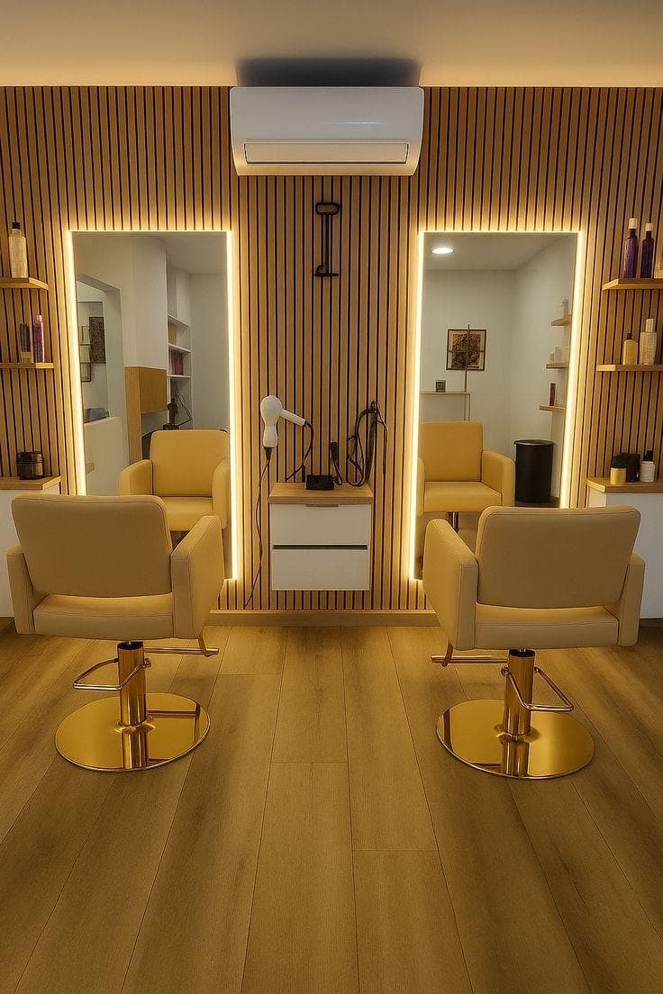 Full-height LED backlit salon mirrors on wood panelling, installed in Muscat, Oman